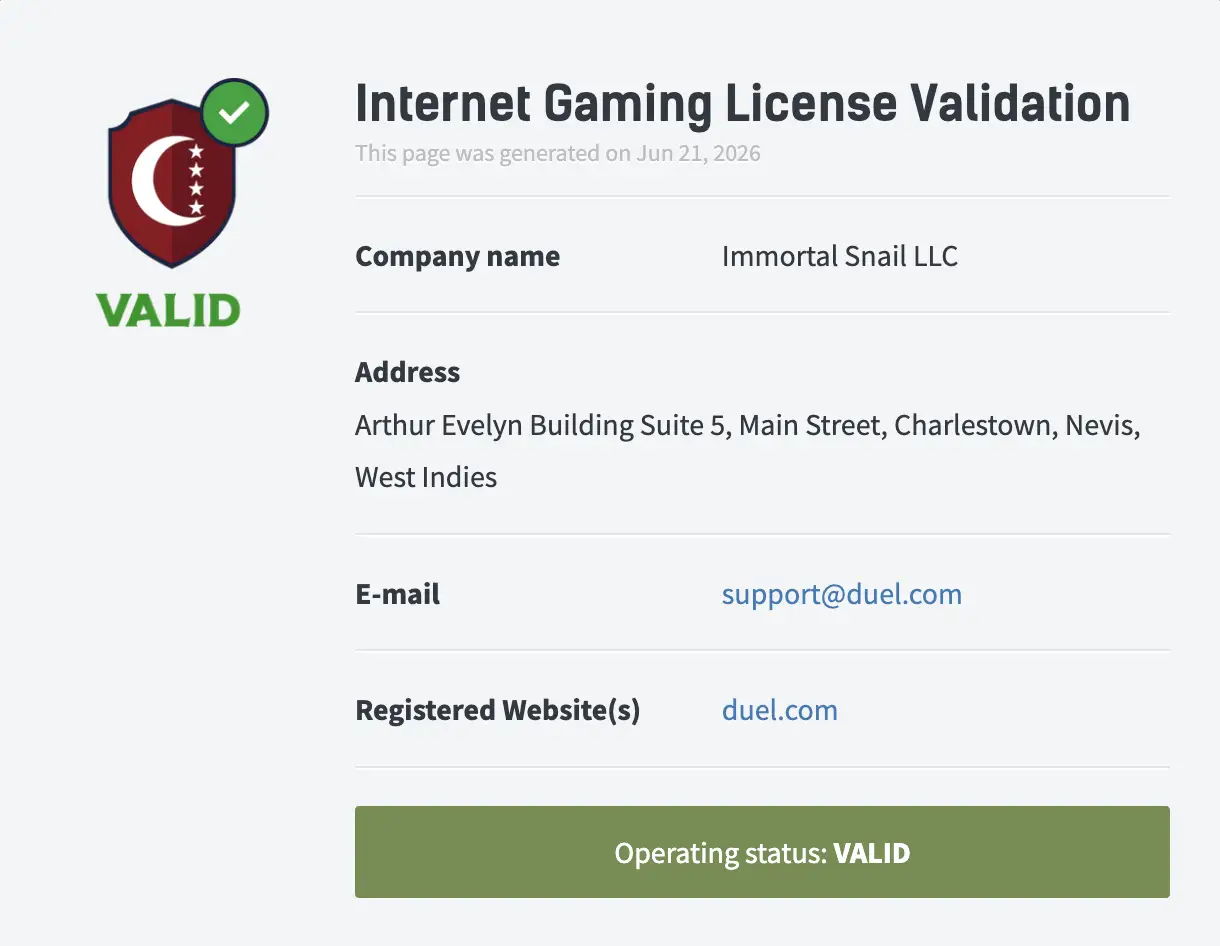 Anjouan Internet Gaming License validation for Immortal Snail LLC operating duel.com  -  status VALID