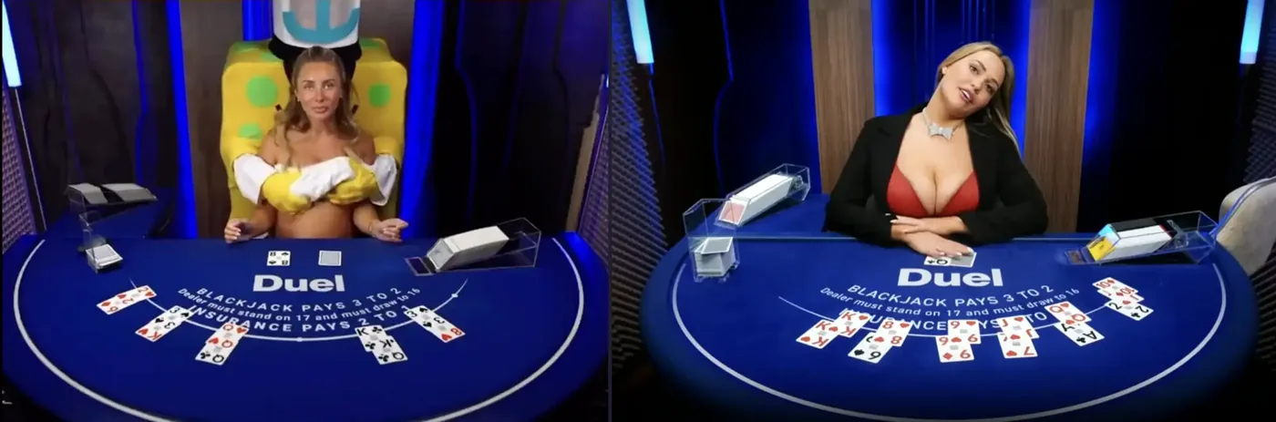 Two frames from the Duel Blackjack Live stream: guest dealers at the same blue Duel table, one in a yellow costume and one in a black jacket, with the boxes dealt out across the felt