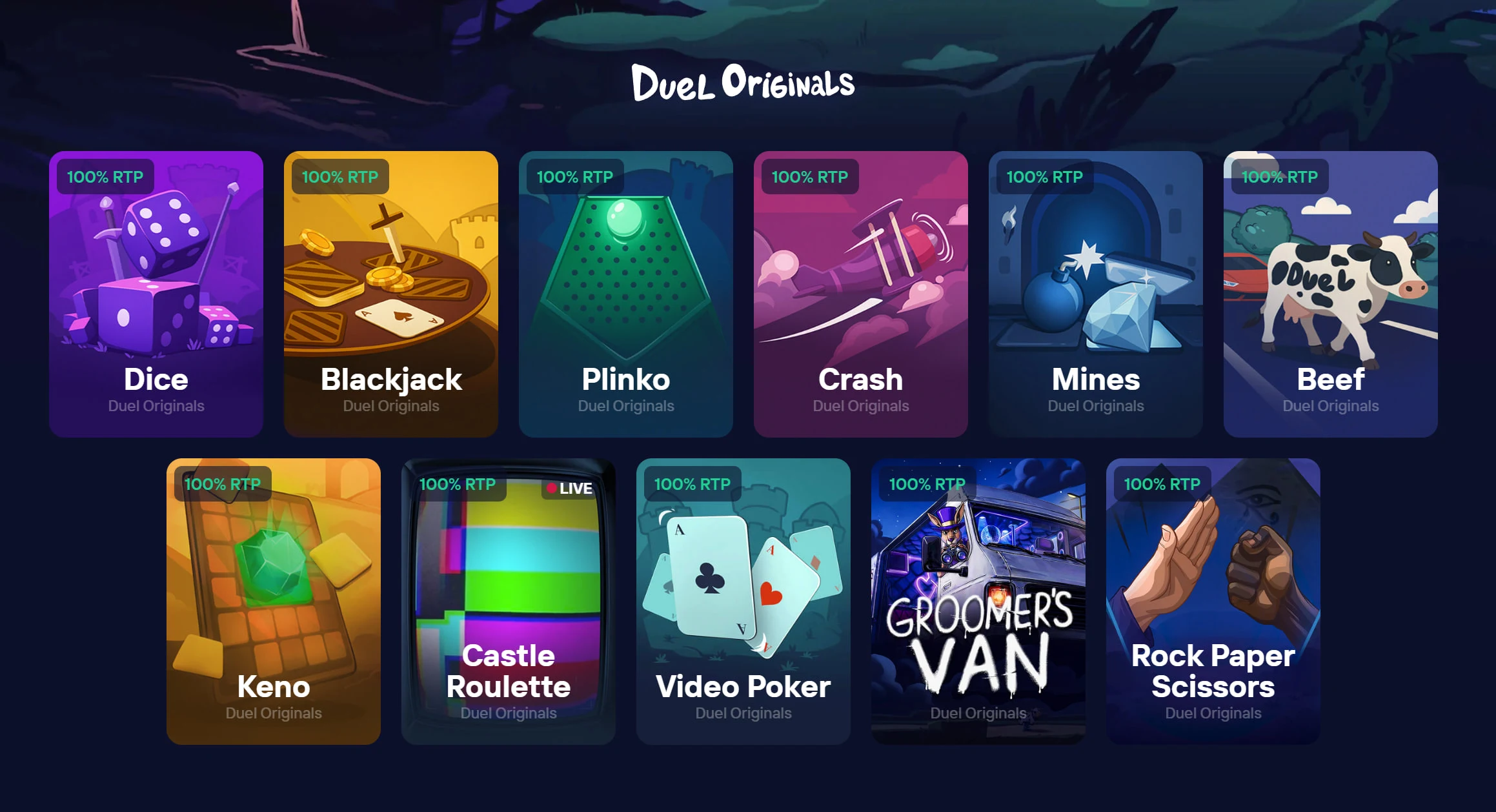 Duel5.com original games including Crash, Dice, Mines and Plinko