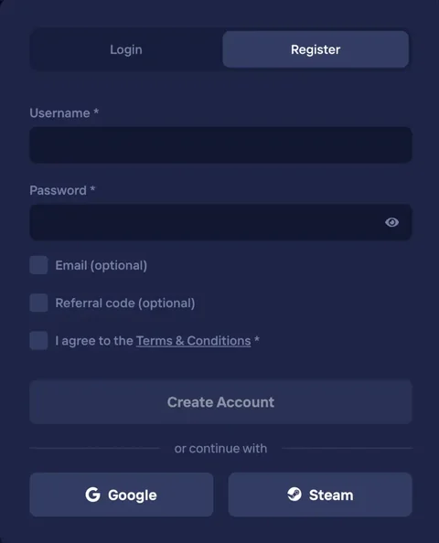 Duel Casino registration form showing username and password signup with optional email and referral code, plus Google or Steam login