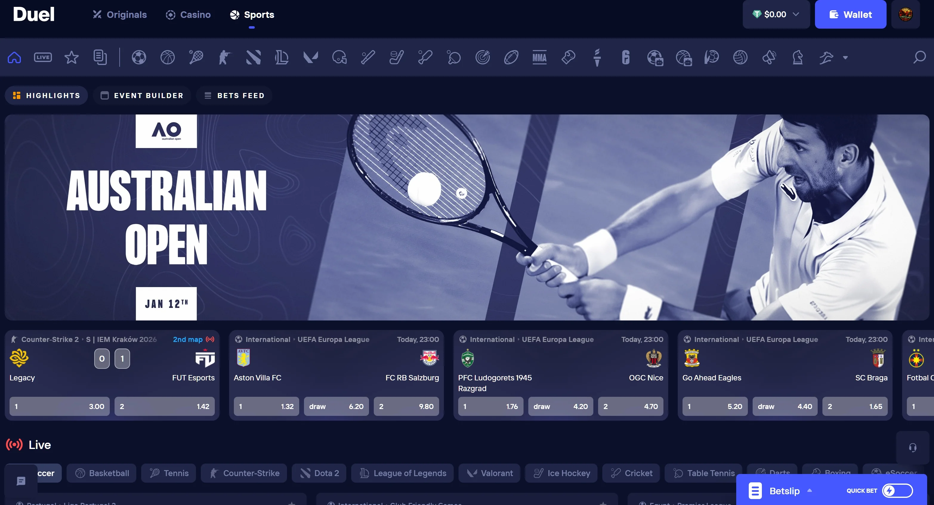 Duel5.com sportsbook interface showing live in-play betting markets