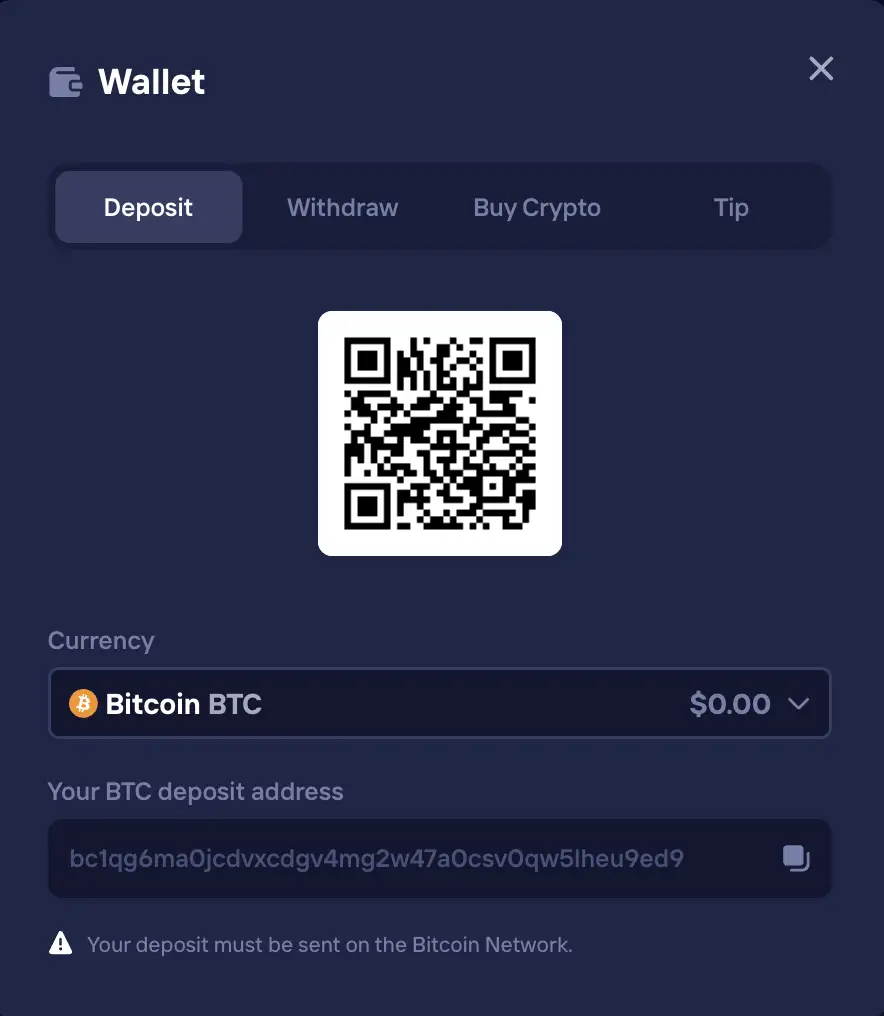 Duel Casino wallet deposit screen with Bitcoin QR code, currency selector, and on-chain BTC address