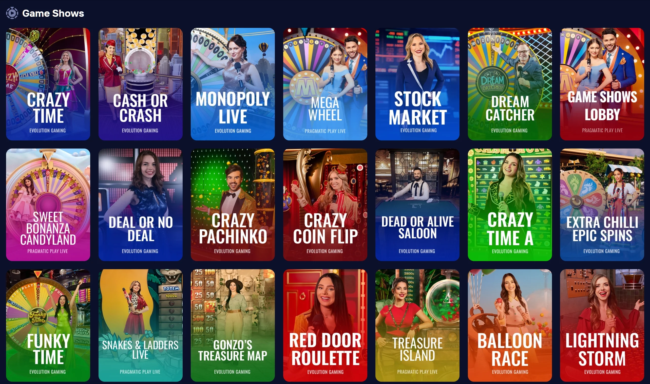 Evolution Gaming game shows at Duel5.com: Crazy Time, Monopoly Live and more