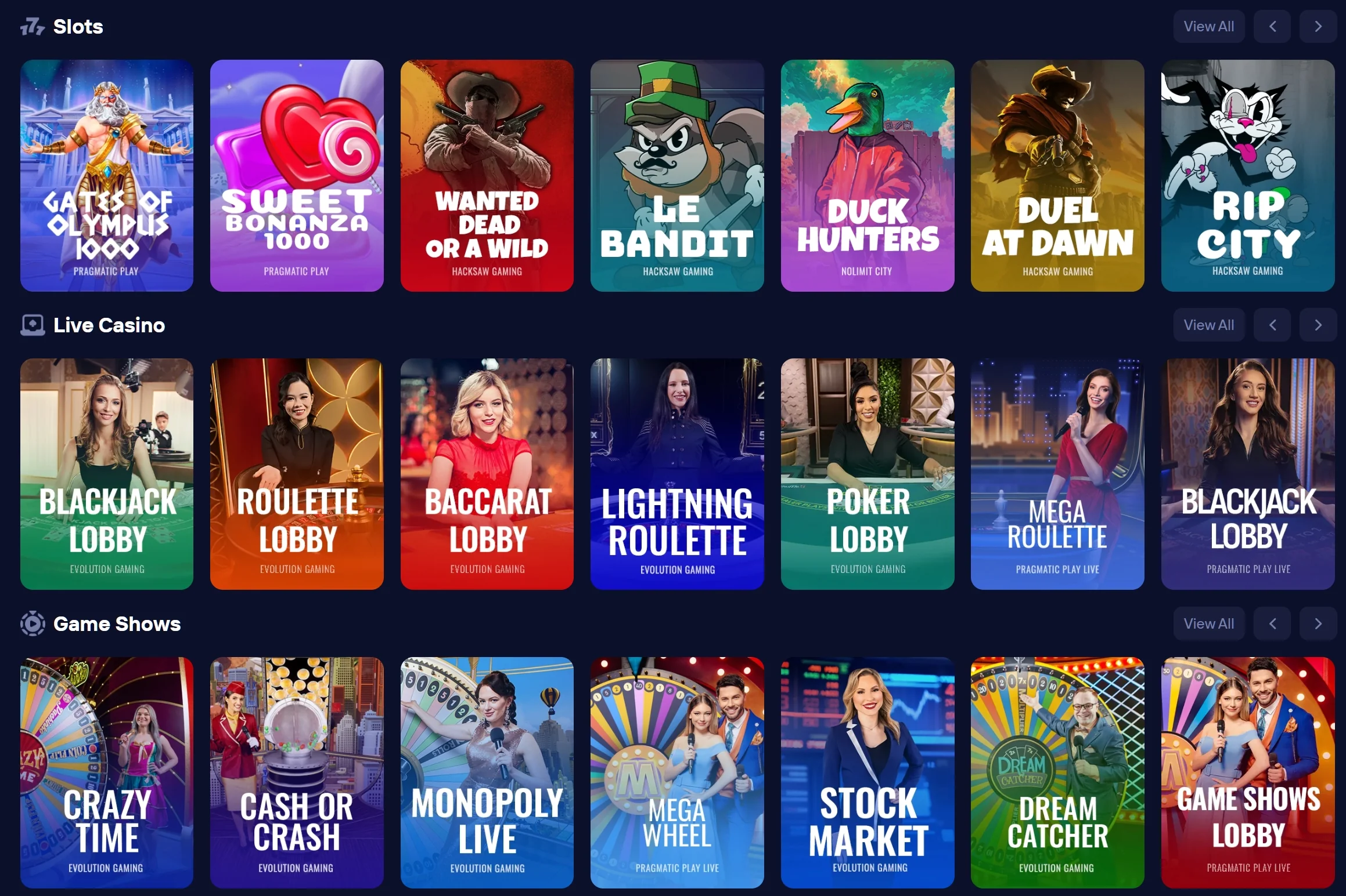 Duel5.com casino games overview showing slots, live casino and original games categories