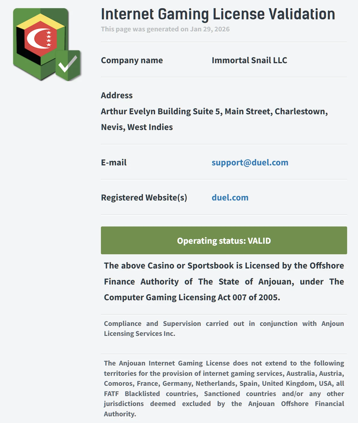 Anjouan Online Gaming Authority license badge for Duel5.com