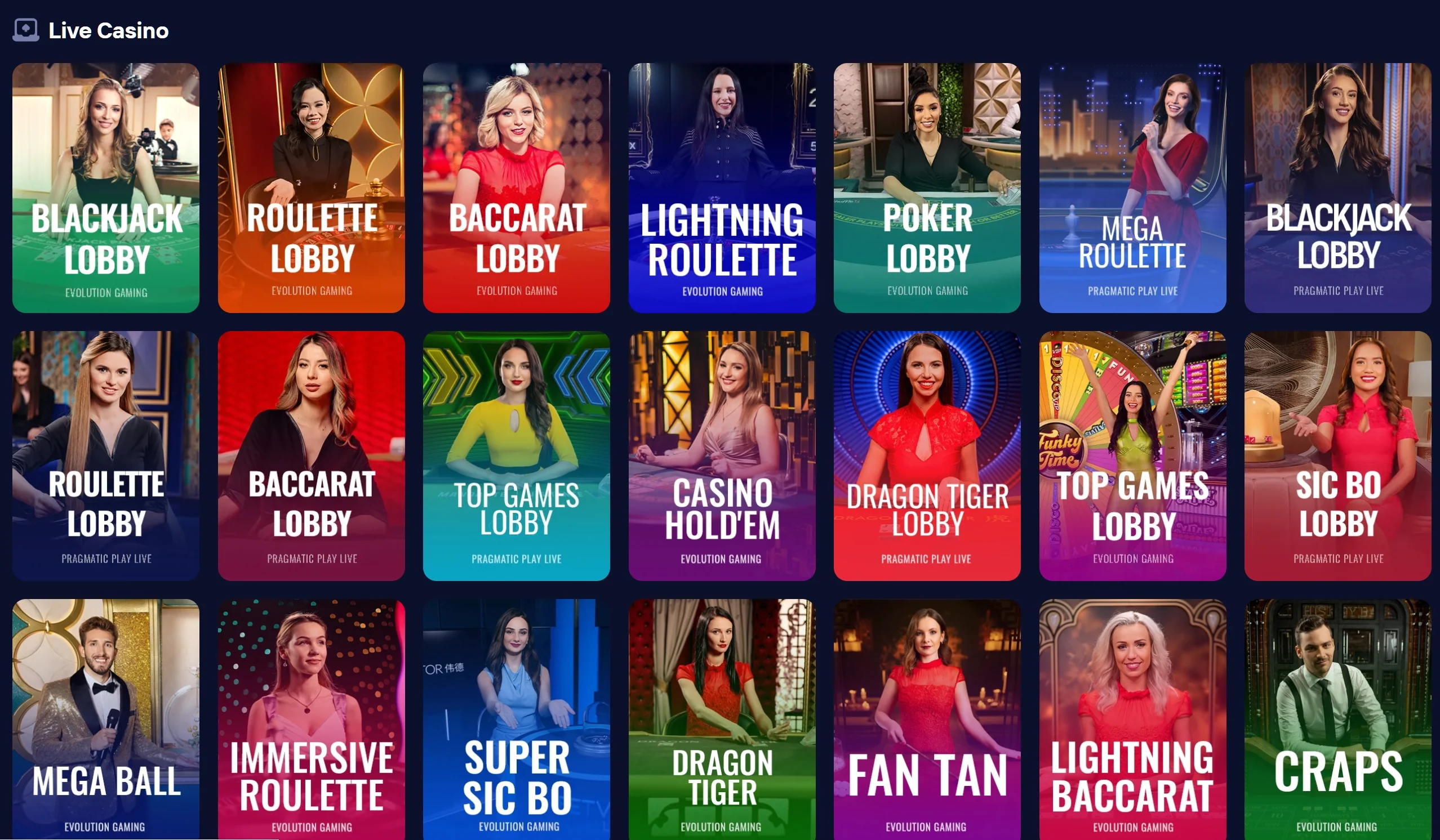 Live casino games at Duel5.com powered by Evolution Gaming