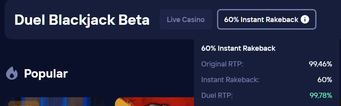 Duel Blackjack Beta | 60% Instant Rakeback, Original RTP 99.46%, Duel RTP 99.78%