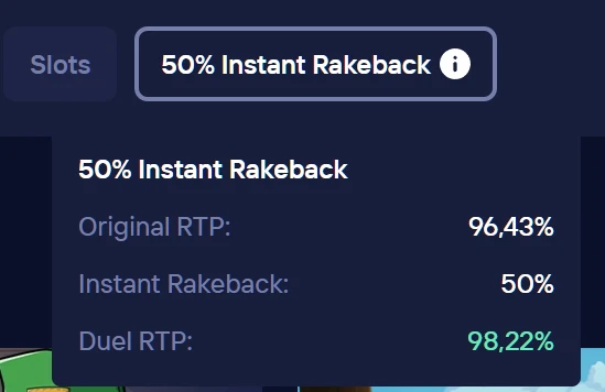 Duel5.com slots | 50% Instant Rakeback, Original RTP 96.43%, Duel RTP 98.22%