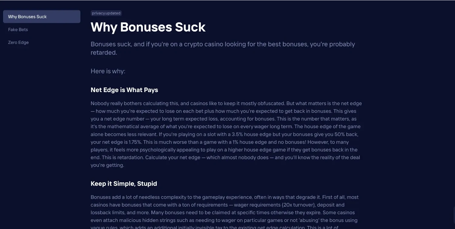 Duel Casino Why Bonuses Suck page - Net Edge is What Pays, Keep it Simple philosophy vs traditional welcome bonuses