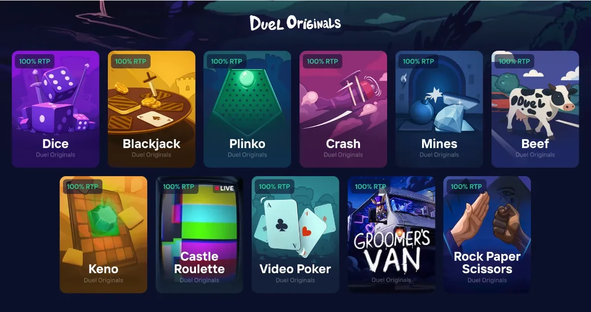 Duel Originals grid with Dice, Blackjack, Plinko, Crash, Mines, Beef and Keno