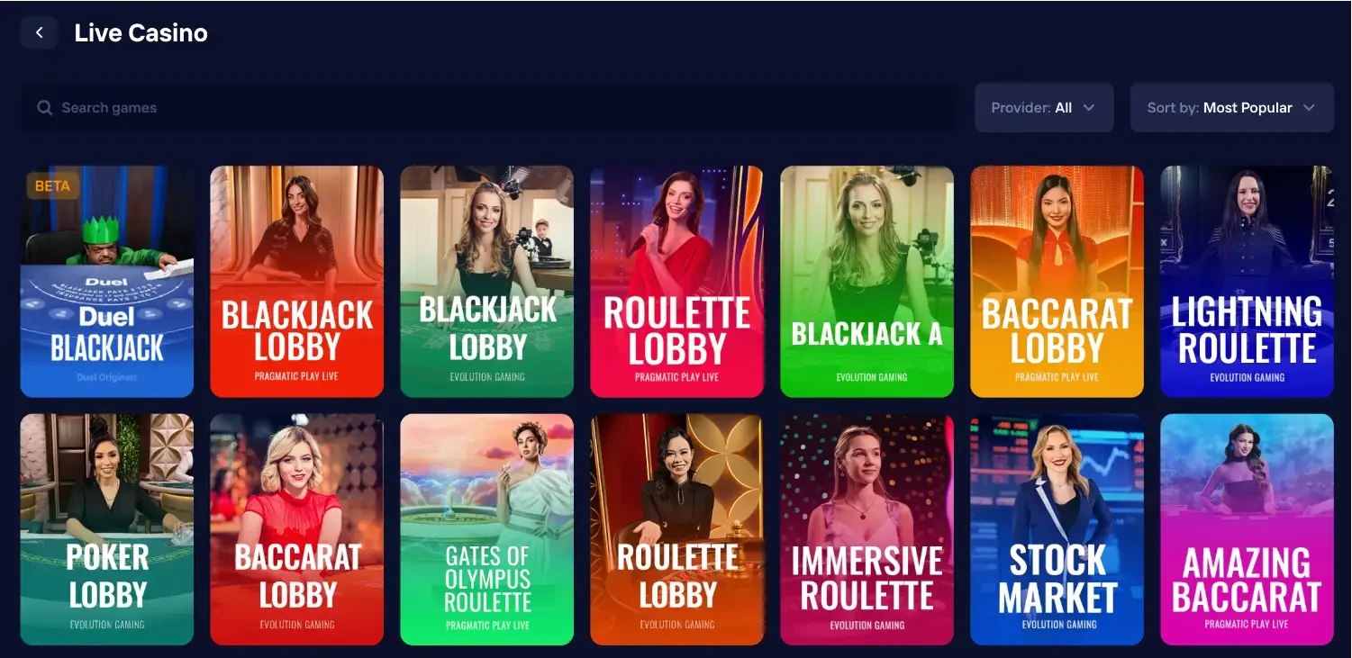 Duel Casino Live Casino lobby with Duel Blackjack Beta, Pragmatic Play Live, and Evolution Gaming tables