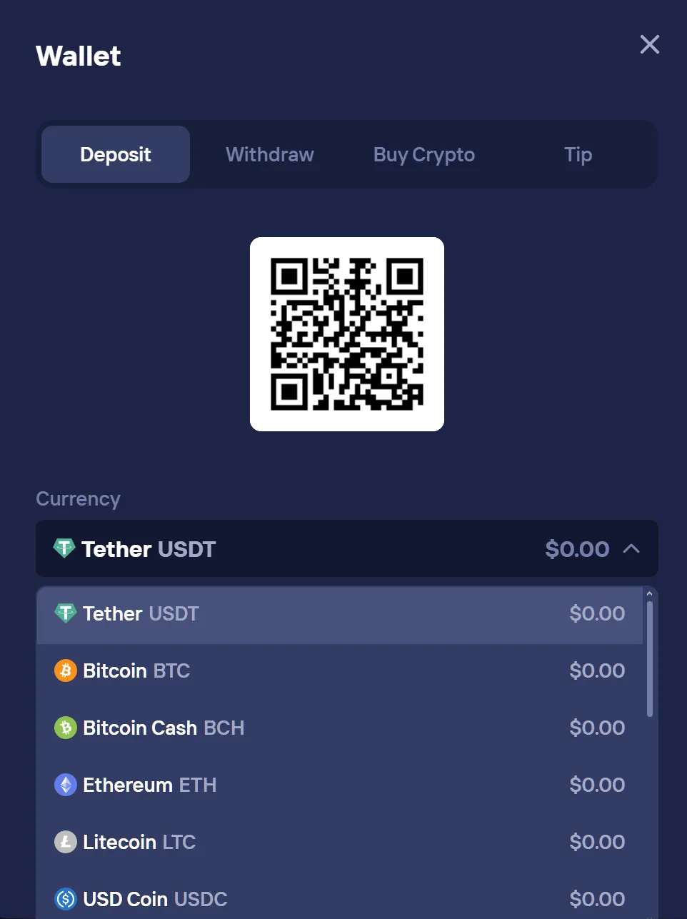 Duel5.com crypto deposit interface showing Bitcoin QR code wallet address